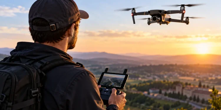 Operatore professionale pilota un drone con radiocomando durante un volo panoramico al tramonto.