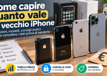 Vecchi iPhone di diverse generazioni con guida alle quotazioni dell'usato, prezzi di vendita e cancellazione sicura dei dati personali.