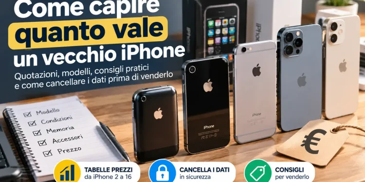 Vecchi iPhone di diverse generazioni con guida alle quotazioni dell'usato, prezzi di vendita e cancellazione sicura dei dati personali.