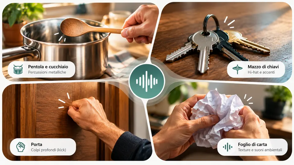 Come creare un beat con rumori di casa: pentola, chiavi, porta e carta stropicciata.
